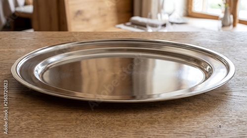 Empty silver metal platter on a rustic wooden dining table