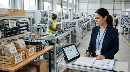 Businesswoman Analyzing Data in Manufacturing Facility