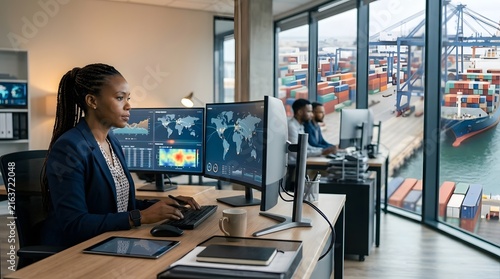 Businesswoman Analyzing Data in Modern Office with Container Shipping Dock Outside