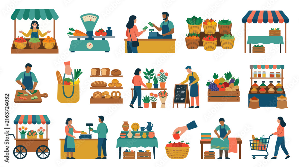 Naklejka premium Flat Style Farmers Market Scene with People, Produce, and Stalls