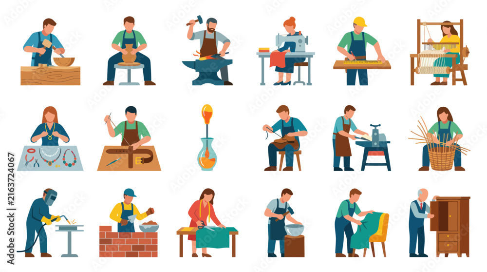 Fototapeta premium Artisan and Craft Professions Flat Vector Illustration. Manual Labor, Traditional Trades, Handmade Skill Icons