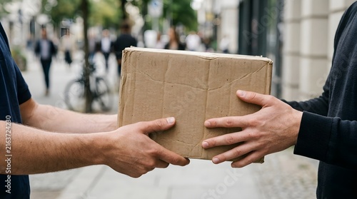 Delivery Person Handing Over Cardboard Package on City Street