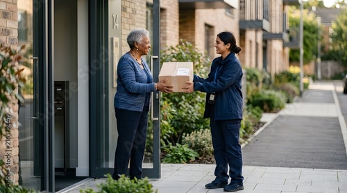 Delivery Person Handing Over Package to Senior Woman at Apartment Entrance