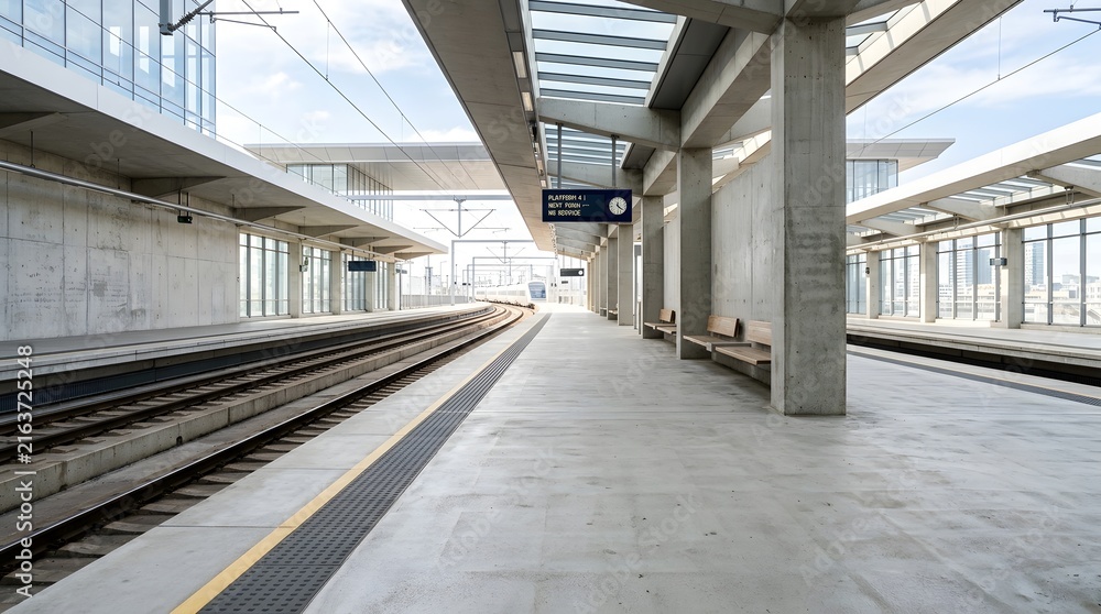 Naklejka premium Modern Train Station Platform with Concrete Pillars and Tracks