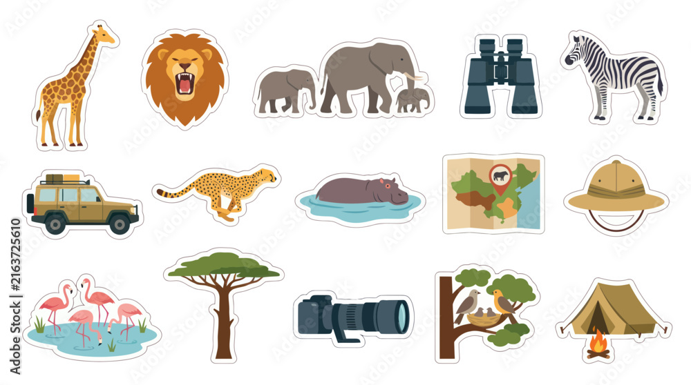 Naklejka premium Flat Vector Safari Animals and Icons Sticker Set for Wildlife Exploration