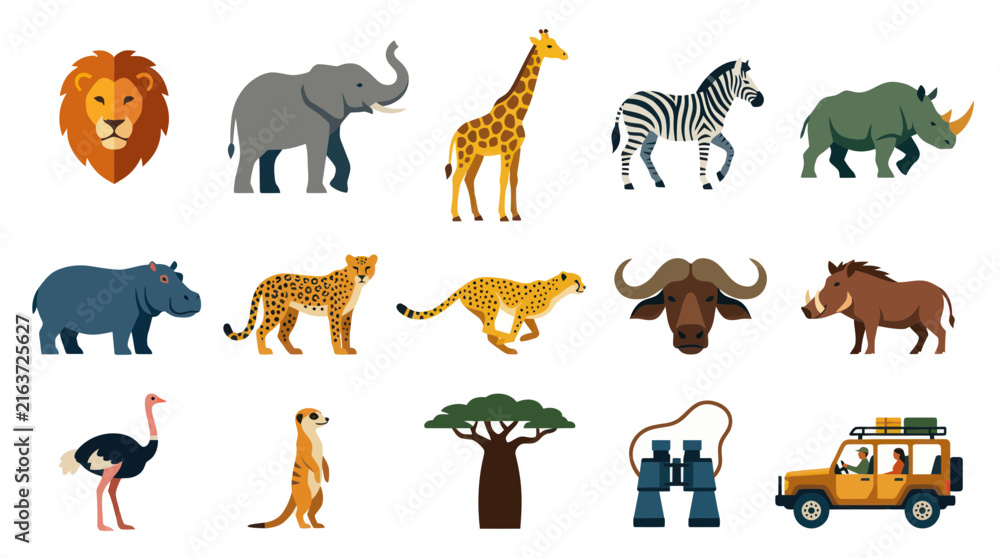 Naklejka premium Flat Design African Safari Animals and Icons Vector Set
