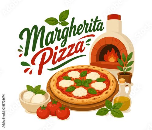 Margherita pizza with tomato, mozzarella, fresh basil, olive oil, and 