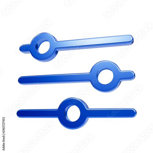 Quadro su tela Three shiny blue 3d slider adjustment representing volume or settings controls i