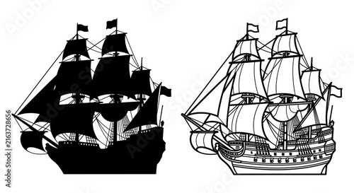 Bild auf Leinwand Sailing ship silhouette and detailed line drawing on white background