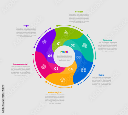 pestel infographic template with six puzzle piece wavy color block pinwheel, flat style