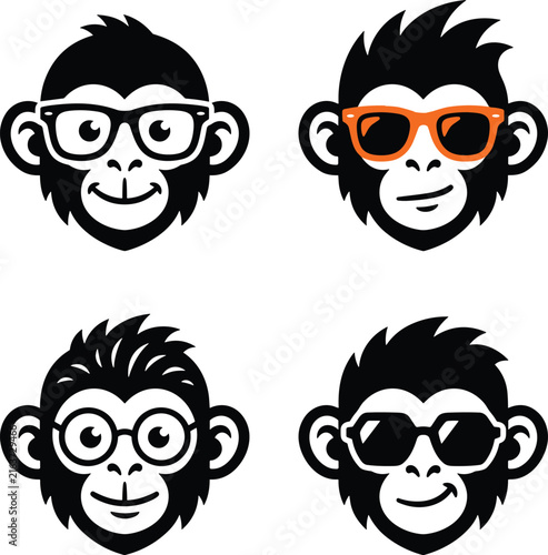 Canvas Print Cute monkey head icon set featuring cool cartoon animal faces wearing eyeglasse