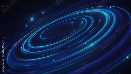 Abstract futuristic blue light trails forming a glowing swirl or spiral galaxy in deep outer space