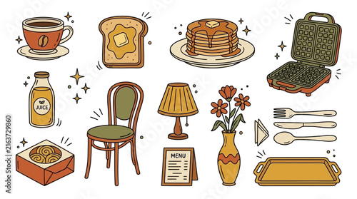 Cozy cafe and breakfast food illustration icons.