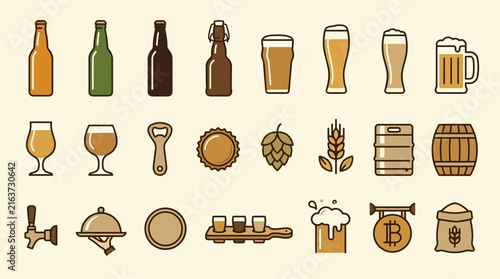 Craft beer brewery and pub beverage icon set.