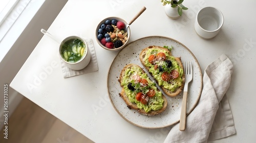 Healthy Healthy Avocado Toast with Fresh Berries and Green Juice Breakfast Overhead Flat Lay