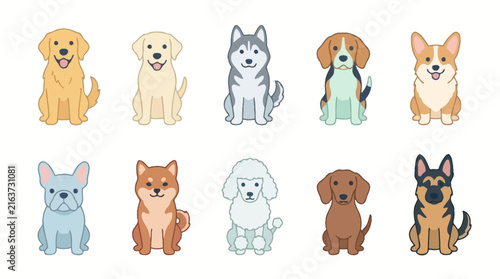 Cute cartoon dog breeds flat illustration set