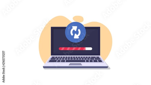 4K animation of Laptop displaying a software update icon and progress bar, representing system refresh, synchronization, installation, or digital technology maintenance.