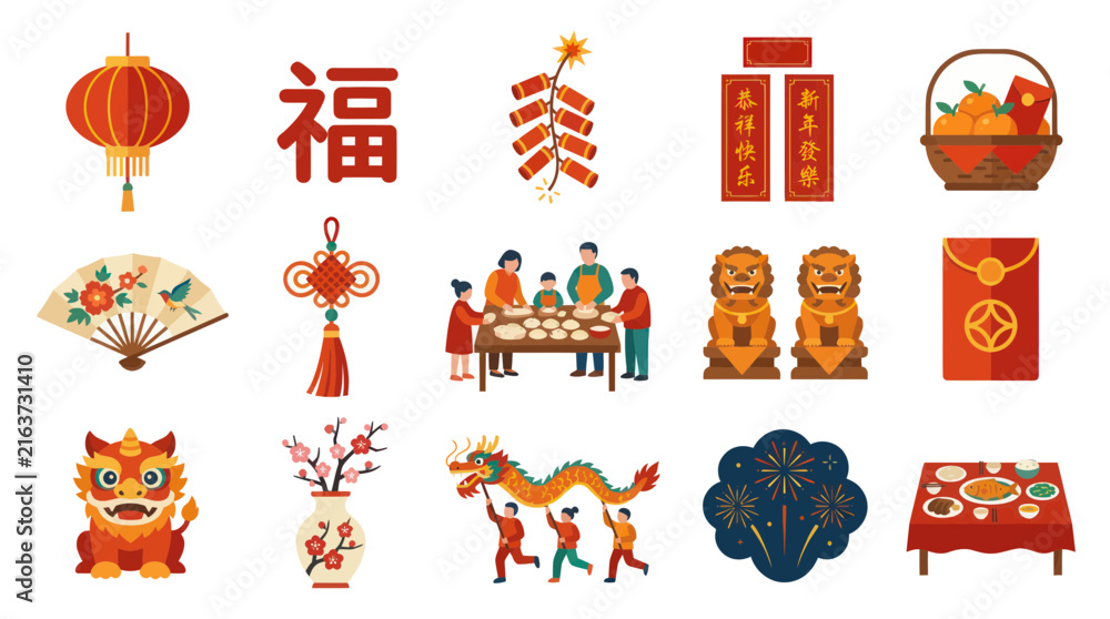 Fototapeta premium Chinese New Year Flat Design Icons - Lantern, Fu Character, Firecrackers, Couplets, Basket, Lions, Fan, Knot, Foo Dog, Vase, Dragon, Fireworks, Feast