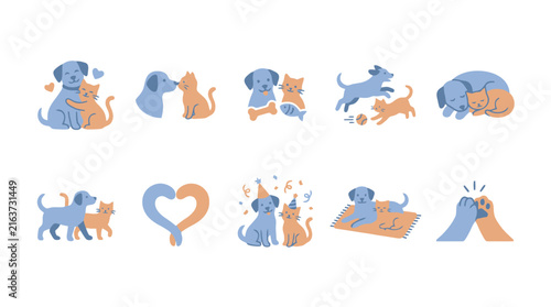 Cute dog and cat friendship interaction icon set