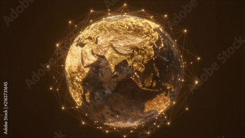 Golden Earth encircled by glowing network nodes, symbolizing global connectivity.