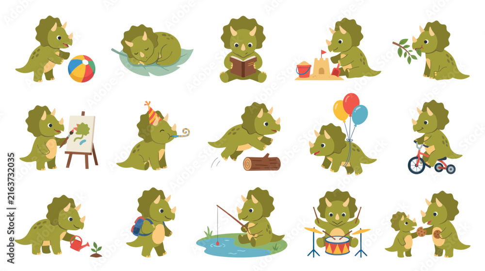 Obraz premium Cute Triceratops Dinosaur Activities Set. Adorable Flat Vector Cartoon Baby Dinosaurs for Children's Education and Fun.