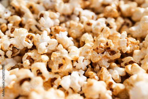 close up of freshly popped popcorn kernels as a crunchy snack