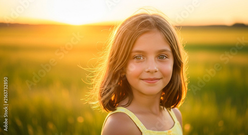 Portrait of a happy young girl standing in a sunlit meadow during golden hour sunset