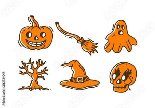 Cute Halloween Characters Pumpkin Ghost Witch Hat Skull