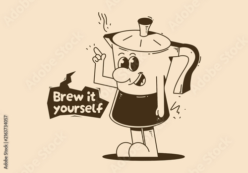 Cute Moka Pot Character Brewing Coffee Illustration