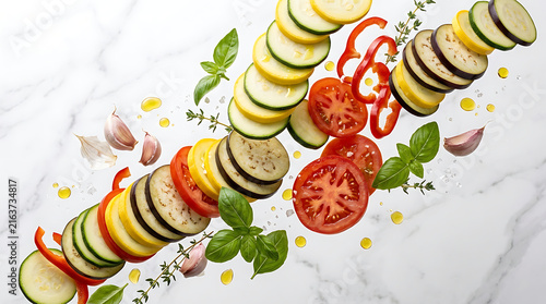 Colorful Sliced Vegetables and Herbs Arranged Artfully on a White Marble Surface for Culinary Preparation