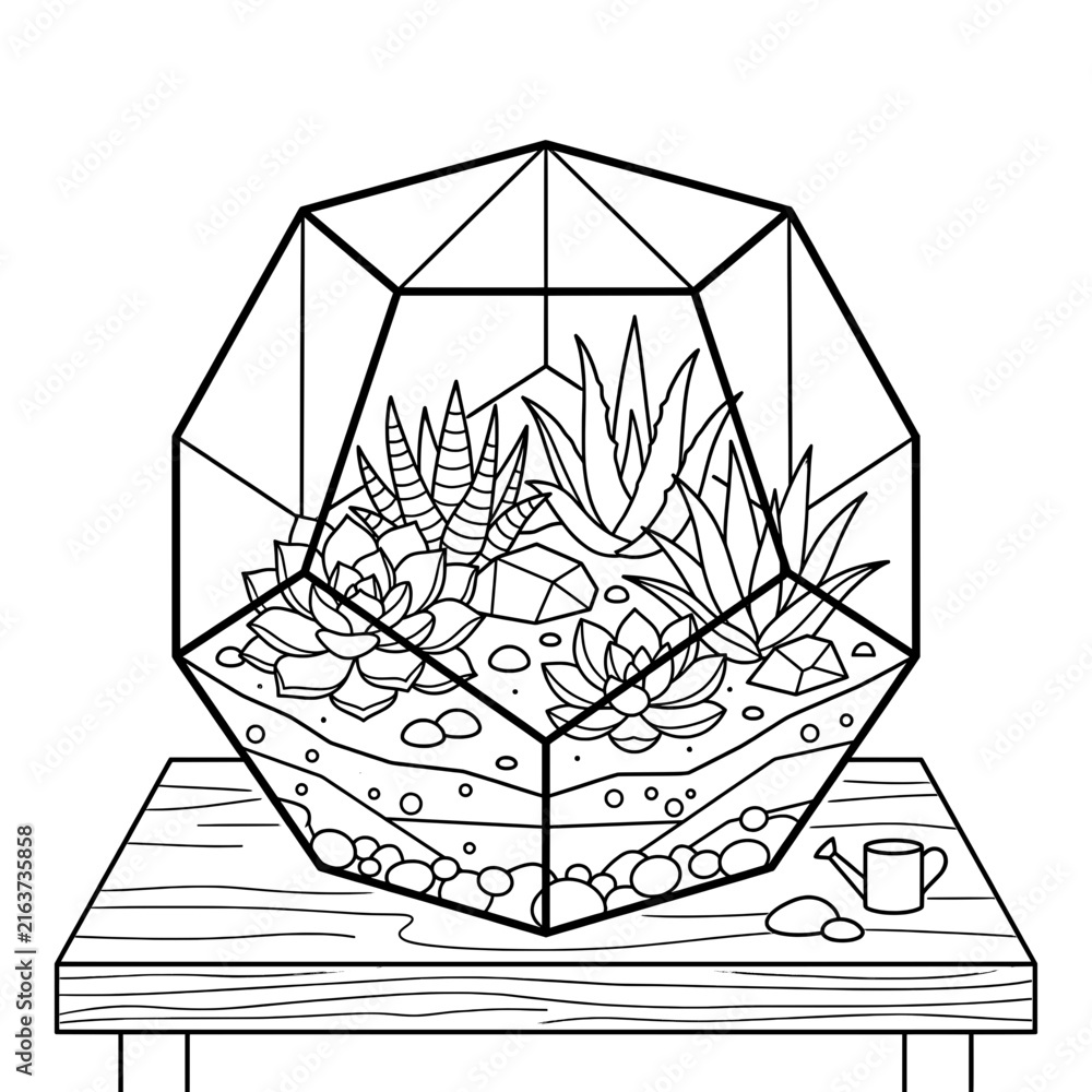 Fototapeta premium Glass terrarium with plants and rocks on wooden table for home decor.