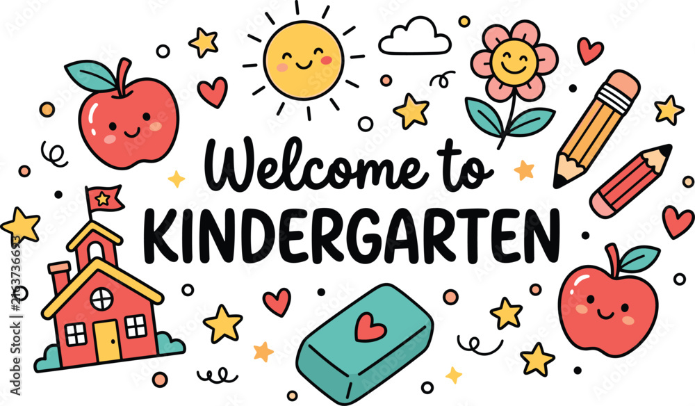 Fototapeta premium Welcome to kindergarten typography banner with cute kawaii doodles school elements and characters vector illustration template