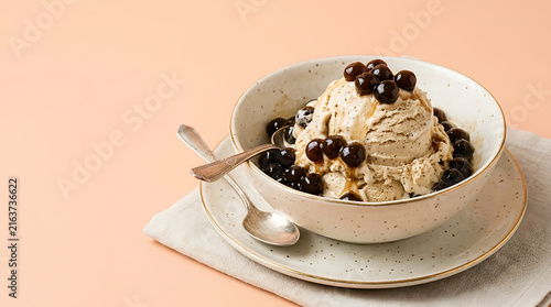 Creamy Boba Ice Cream Dessert in a Bowl with Tapioca Pearls and Syrup on a Light Pink Background with Spoons