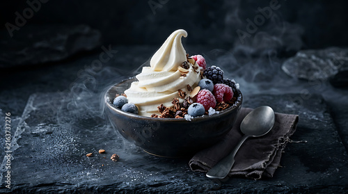Creamy Frozen Yogurt Swirl Topped With Fresh Berries And Granola In A Dark Bowl With Subtle Steam Rising From The Cold Dessert