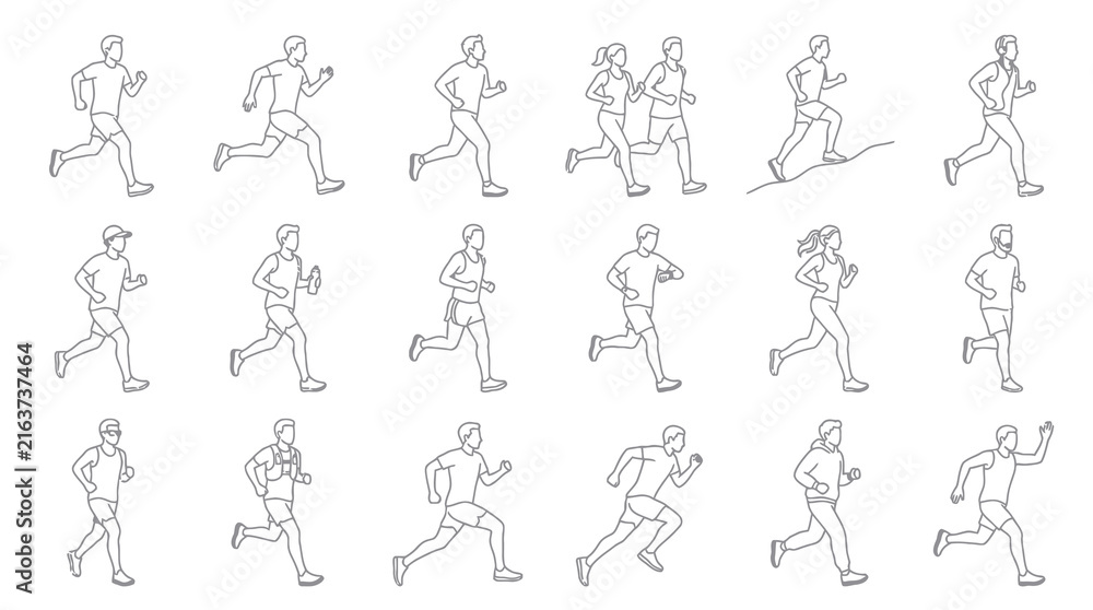 Obraz premium Black and White Line Art of Diverse People Running, Sports and Fitness Vector Icons