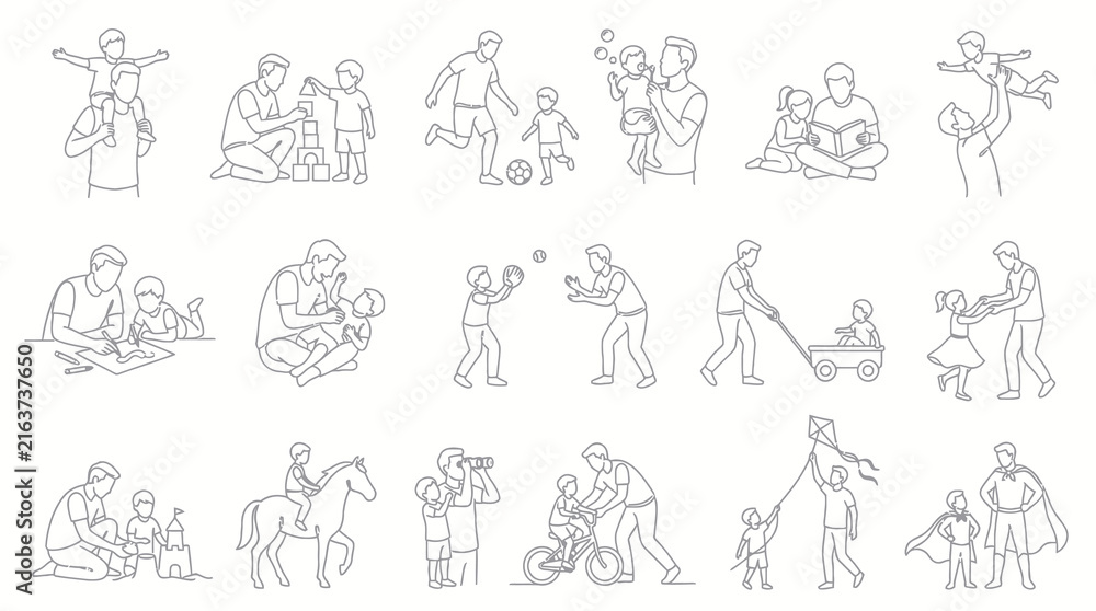 Fototapeta premium Black and White Line Art Collection: Fathers and Children Playing, Learning, and Family Lifestyle Activities