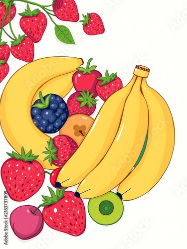 Whimsical illustration featuring a mix of bananas, strawberries, and apples in vibrant colors, with a vector print effect to give it an off-register feel, flat design, visual interest