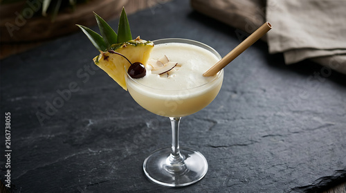 Creamy Pina Colada Cocktail Garnished with Pineapple Slice and Toasted Coconut on a Dark Slate Surface