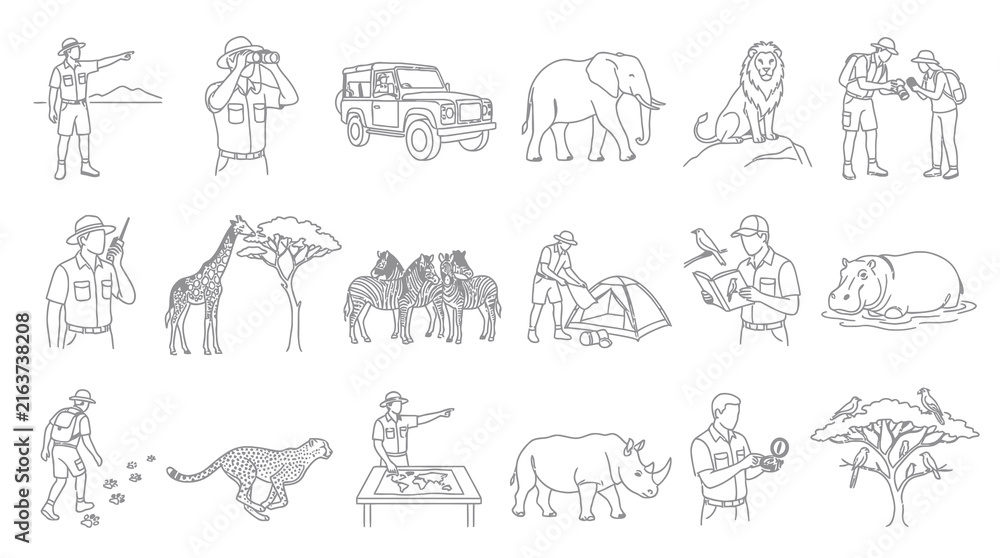 Fototapeta premium Black White Line Art Safari, Wildlife Nature Adventure Icons Set for Exploration and Tourism