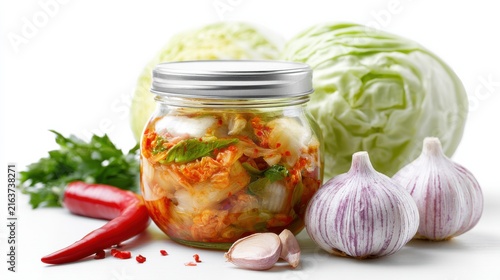 A jar of vibrant kimchi alongside fresh cabbage, garlic, and red chili peppers, showcasing the delicious and healthy ingredients of this fermented Korean staple