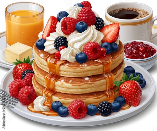 Stacked pancakes drizzling with syrup, topped with fresh berries and whipped cream, with drinks