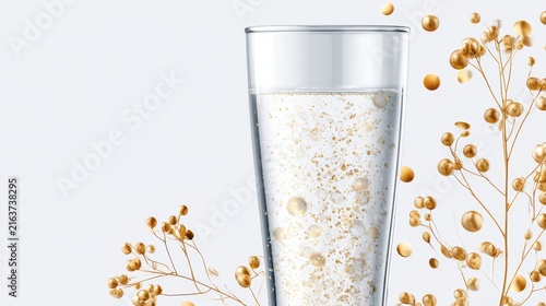 A tall glass filled with a clear liquid containing small, suspended particles, possibly oat flakes or grains, alongside delicate, dried plant sprigs with small seed pods.