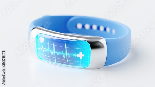 A blue wearable fitness tracker with a glowing screen displaying a heart rate monitor and a medical cross symbol