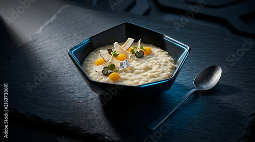 Creamy Rice Pudding Dessert Garnished With Fruit and White Chocolate Shavings Served in a Modern Black Bowl on a Textured Slate Surface With a Spoon