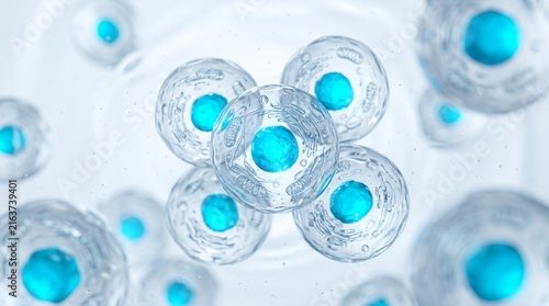 Scientific 3D illustration of transparent biological cell structures with blue nuclei floating in clean water for biotechnology science research and cosmetic medicine advertising background