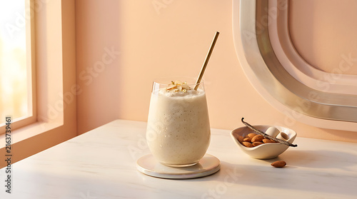 Creamy Vanilla Protein Shake with Almonds and Vanilla Beans on a Marble Countertop with Natural Light