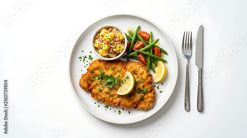 Crispy Breaded Schnitzel Served With Potato Salad and Green Beans Garnished with Lemon Slice and Parsley on a White Plate with Cutlery
