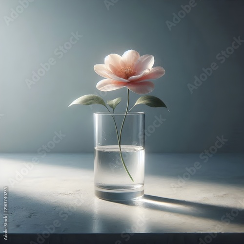 A pink flower in a glass of water on a light surface with soft shadows.
