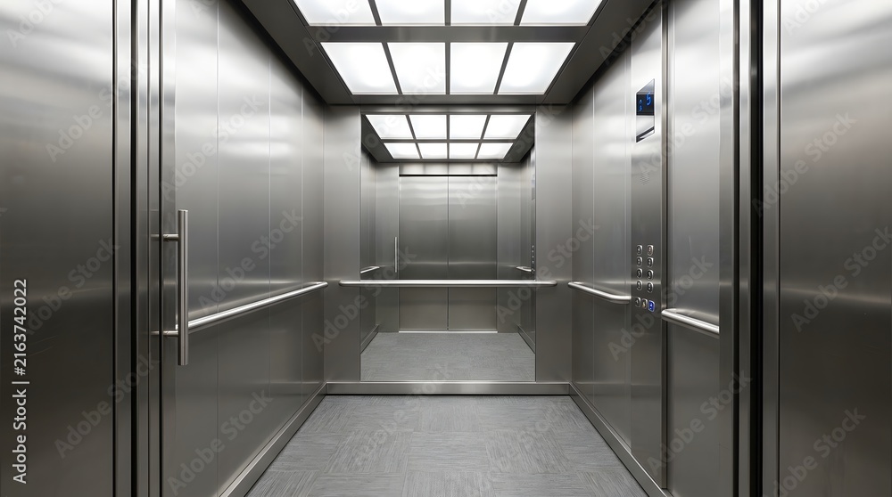 Obraz premium Modern Stainless Steel Elevator Interior with Bright Ceiling Panels