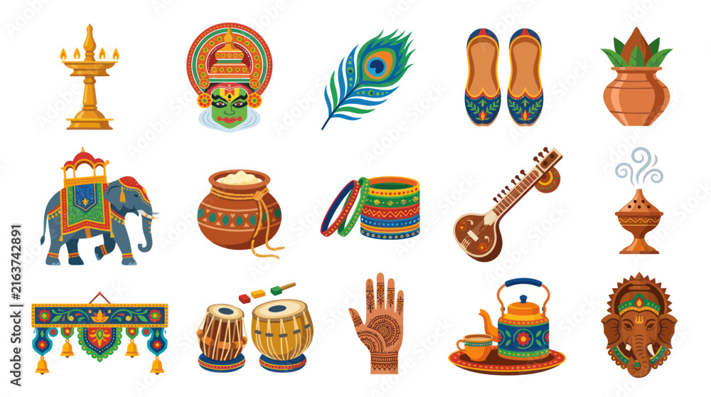 Fototapeta premium India Traditional Culture Flat Vector Icons Set. Festival Symbols, Art, and Objects Collection.
